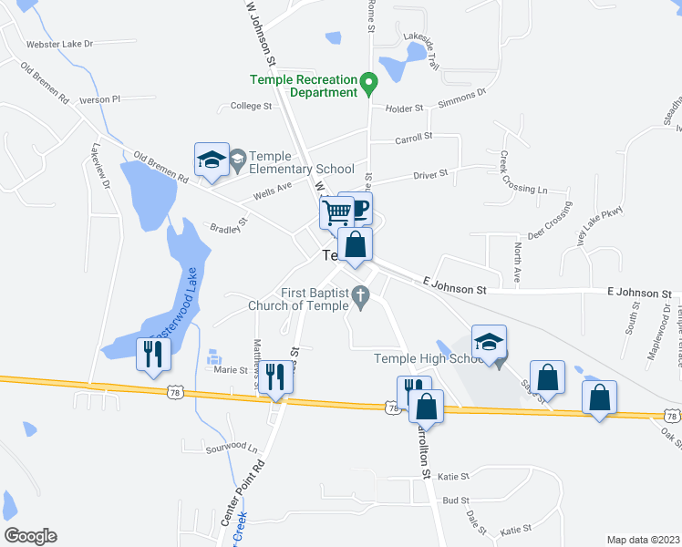 map of restaurants, bars, coffee shops, grocery stores, and more near 40 James Street in Temple