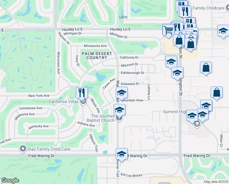 map of restaurants, bars, coffee shops, grocery stores, and more near 43035 Warner Trail in Palm Desert