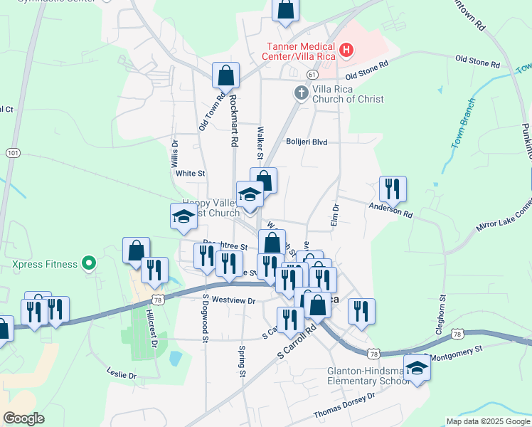 map of restaurants, bars, coffee shops, grocery stores, and more near 115 Dallas Highway in Villa Rica