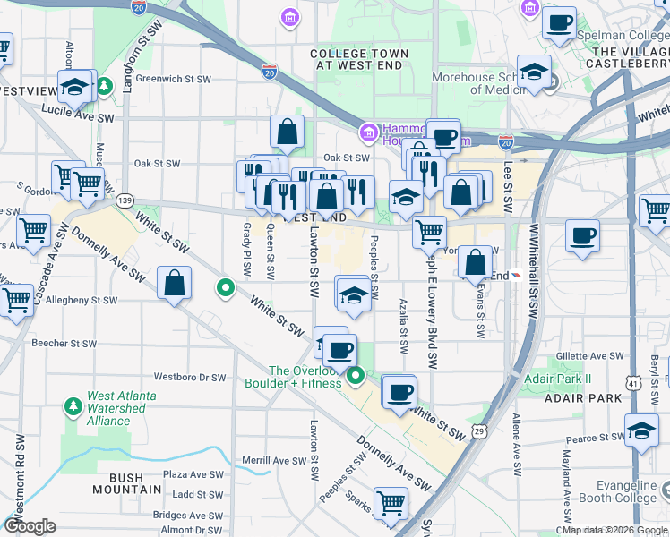 map of restaurants, bars, coffee shops, grocery stores, and more near 1059 Oglethorpe Avenue Southwest in Atlanta
