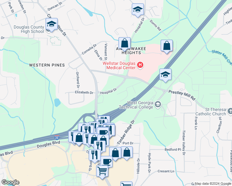 map of restaurants, bars, coffee shops, grocery stores, and more near 6194 Field Stone Drive in Douglasville
