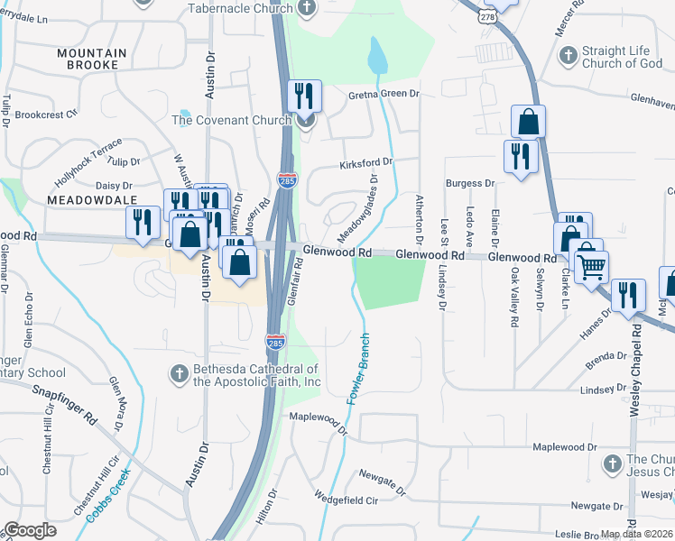 map of restaurants, bars, coffee shops, grocery stores, and more near 4649 Glenwood Road in Decatur