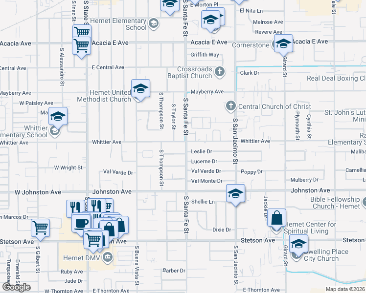map of restaurants, bars, coffee shops, grocery stores, and more near 721 South Santa Fe Street in Hemet