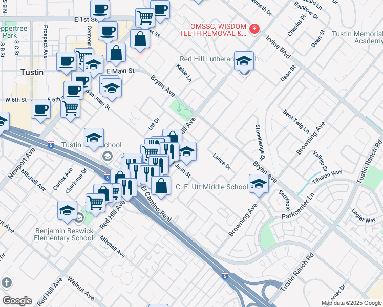map of restaurants, bars, coffee shops, grocery stores, and more near 13662 Red Hill Avenue in Tustin