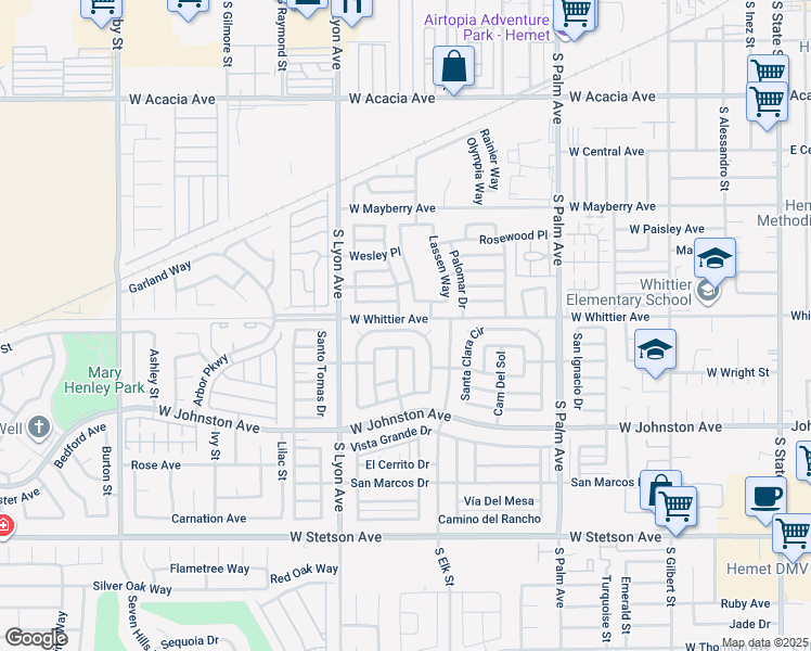 map of restaurants, bars, coffee shops, grocery stores, and more near 270 San Mateo Circle in Hemet