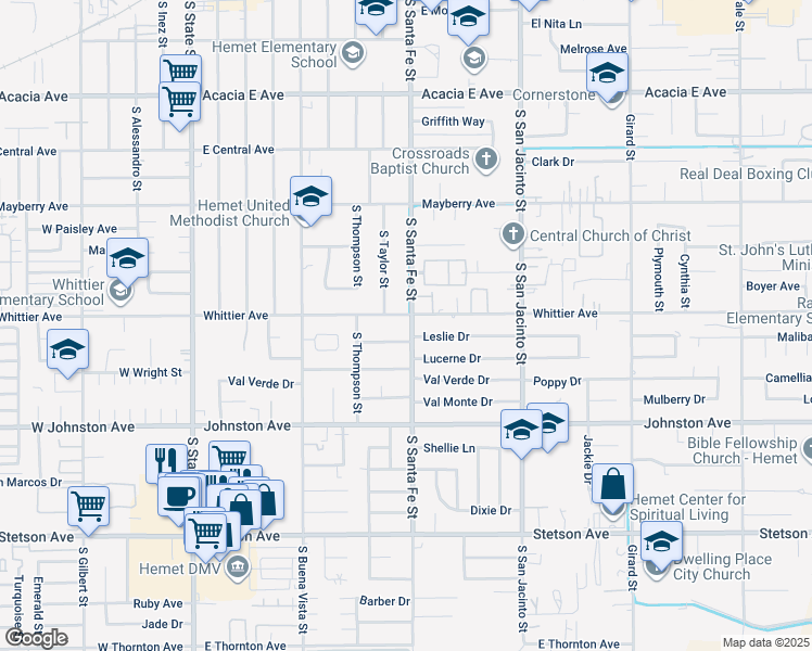 map of restaurants, bars, coffee shops, grocery stores, and more near 721 South Santa Fe Street in Hemet