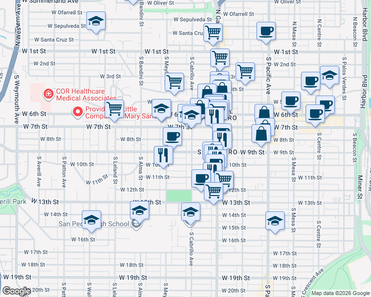 map of restaurants, bars, coffee shops, grocery stores, and more near 808 South Cabrillo Avenue in Los Angeles
