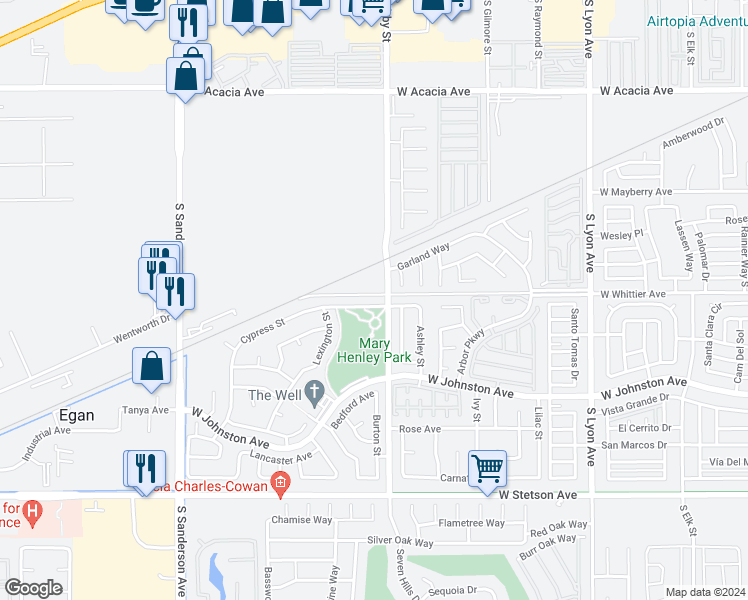 map of restaurants, bars, coffee shops, grocery stores, and more near 2536 Cypress Street in Hemet