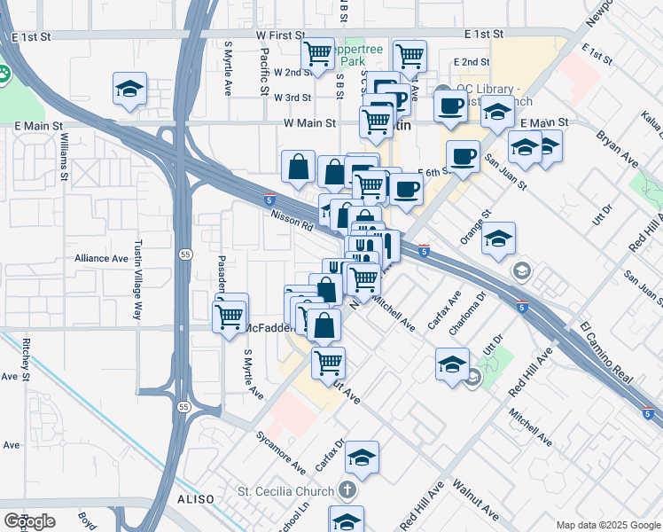 map of restaurants, bars, coffee shops, grocery stores, and more near 3 Via Del Sud in Tustin