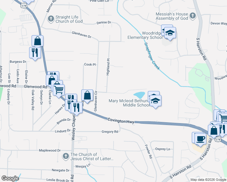 map of restaurants, bars, coffee shops, grocery stores, and more near 4428 Highland Road in Decatur