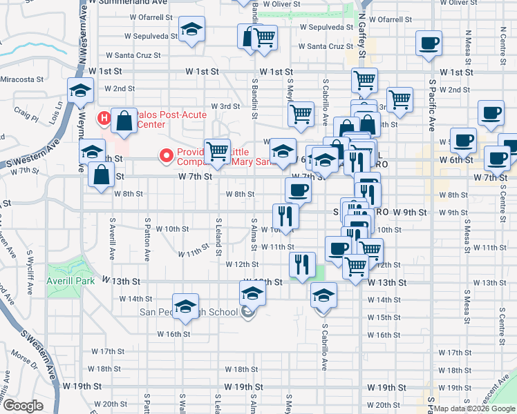 map of restaurants, bars, coffee shops, grocery stores, and more near 990 West 9th Street in Los Angeles