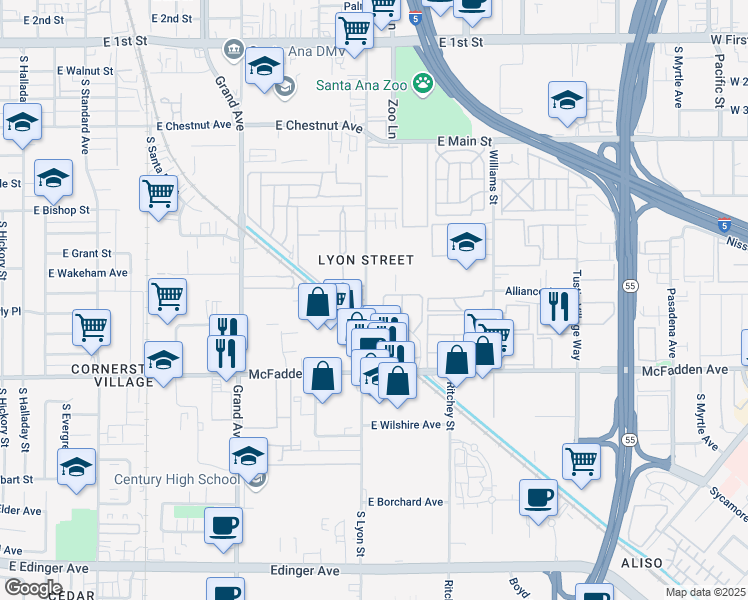 map of restaurants, bars, coffee shops, grocery stores, and more near 919 South Lyon Street in Santa Ana