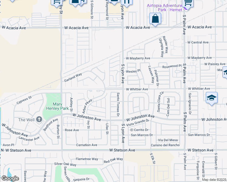 map of restaurants, bars, coffee shops, grocery stores, and more near 1760 Santiago Way in Hemet