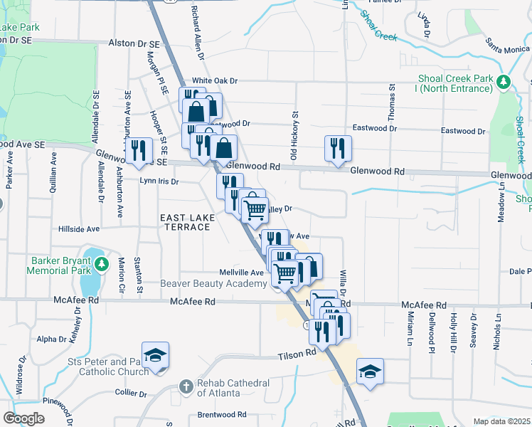map of restaurants, bars, coffee shops, grocery stores, and more near 1880 Eastfield Street in Decatur