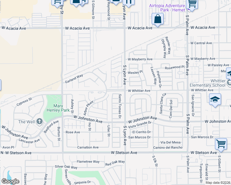 map of restaurants, bars, coffee shops, grocery stores, and more near 1760 Santiago Way in Hemet