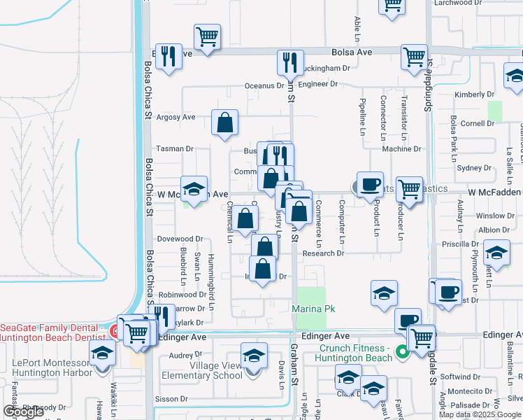 map of restaurants, bars, coffee shops, grocery stores, and more near 15552 Container Lane in Huntington Beach
