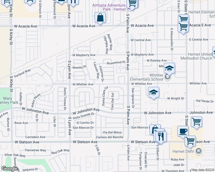 map of restaurants, bars, coffee shops, grocery stores, and more near 350 Santa Clara Circle in Hemet