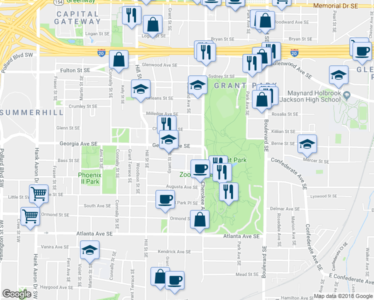 map of restaurants, bars, coffee shops, grocery stores, and more near 383 Georgia Avenue Southeast in Atlanta