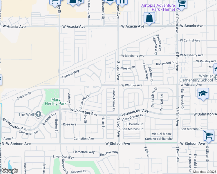 map of restaurants, bars, coffee shops, grocery stores, and more near 1774 Santiago Way in Hemet