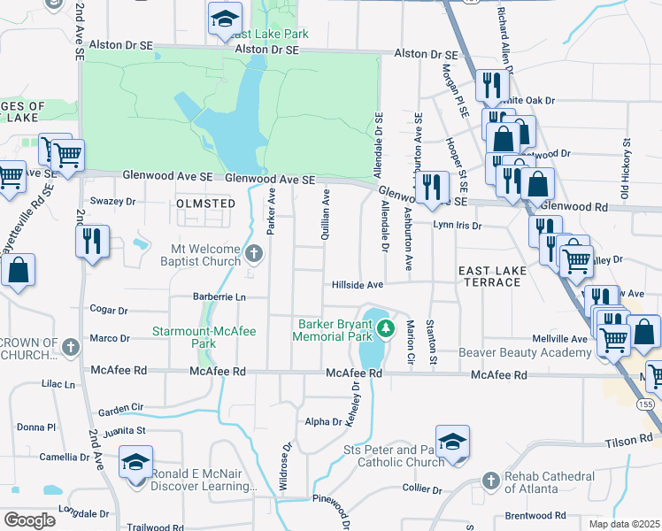map of restaurants, bars, coffee shops, grocery stores, and more near 576 Quillian Avenue in Decatur