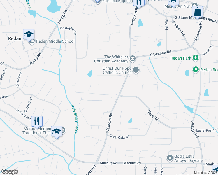 map of restaurants, bars, coffee shops, grocery stores, and more near 5964 Giles Road in Lithonia