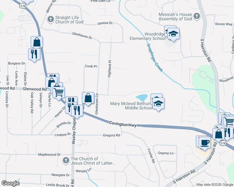 map of restaurants, bars, coffee shops, grocery stores, and more near 4428 Highland Road in Decatur