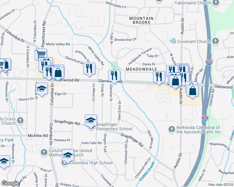 map of restaurants, bars, coffee shops, grocery stores, and more near 1864 Glen Echo Drive in Decatur