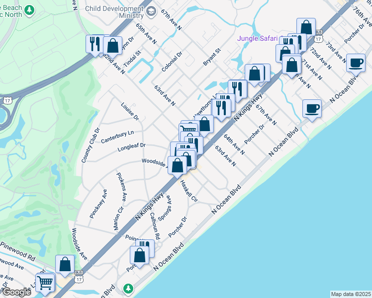 map of restaurants, bars, coffee shops, grocery stores, and more near 6103 North Kings Highway in Myrtle Beach