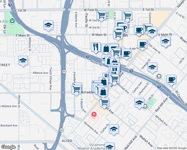 map of restaurants, bars, coffee shops, grocery stores, and more near 15 Via Del Sud in Tustin