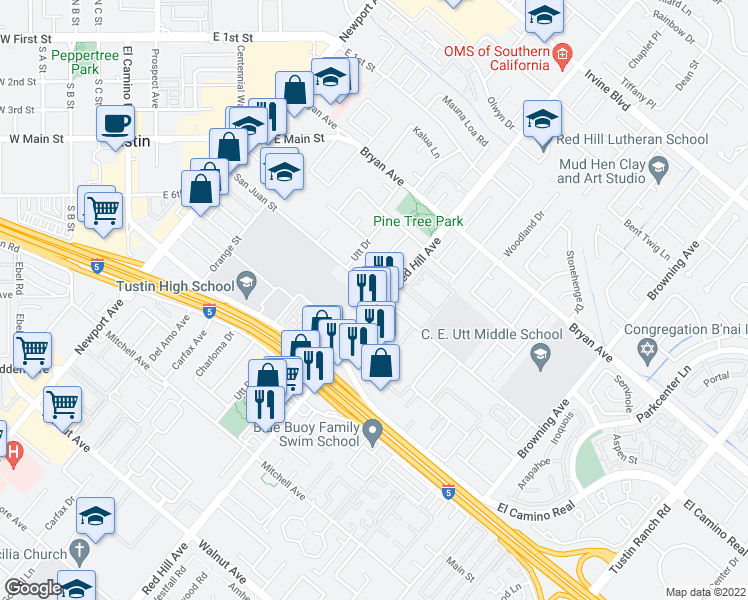 map of restaurants, bars, coffee shops, grocery stores, and more near 13751 Red Hill Avenue in Tustin