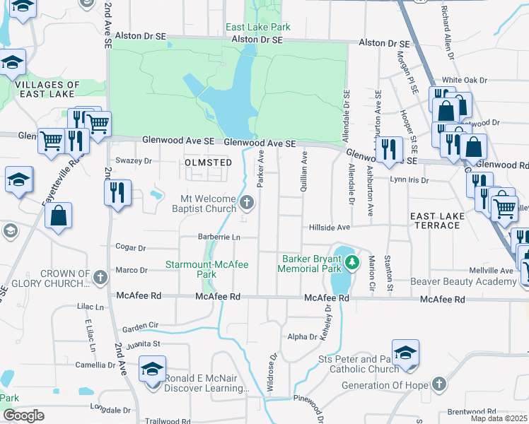 map of restaurants, bars, coffee shops, grocery stores, and more near 578 Parker Avenue in Decatur