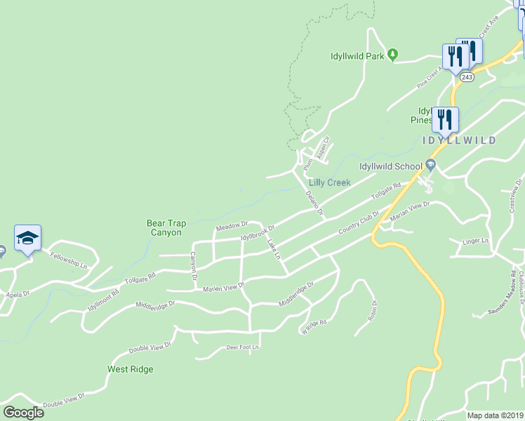 map of restaurants, bars, coffee shops, grocery stores, and more near 26570 Lake Lane in Idyllwild-Pine Cove