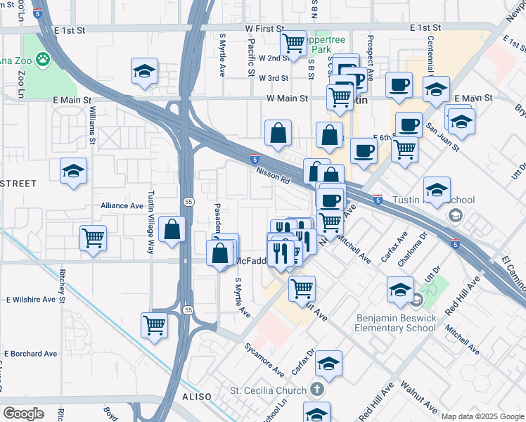 map of restaurants, bars, coffee shops, grocery stores, and more near 15622 Pacific Street in Tustin