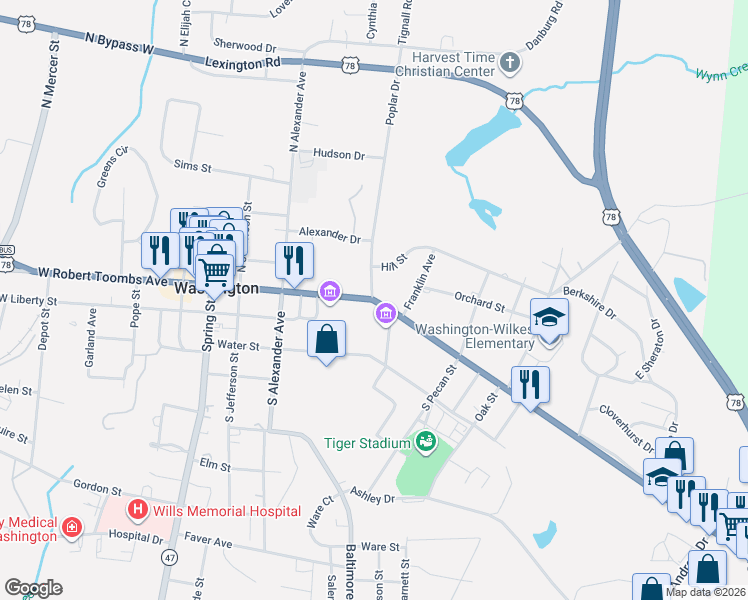map of restaurants, bars, coffee shops, grocery stores, and more near 204 E Robert Toombs Ave in Washington