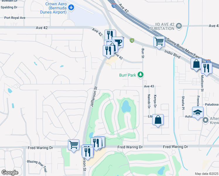 map of restaurants, bars, coffee shops, grocery stores, and more near 80526 Dunbar Drive in Indio