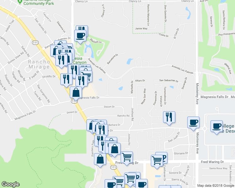 map of restaurants, bars, coffee shops, grocery stores, and more near 71 Marbella Drive in Rancho Mirage