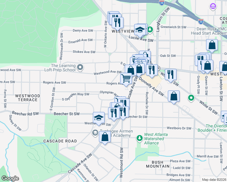 map of restaurants, bars, coffee shops, grocery stores, and more near 1555 Olympian Way Southwest in Atlanta