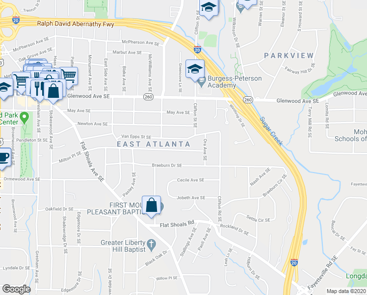 map of restaurants, bars, coffee shops, grocery stores, and more near 1668 Van Vleck Avenue Southeast in Atlanta