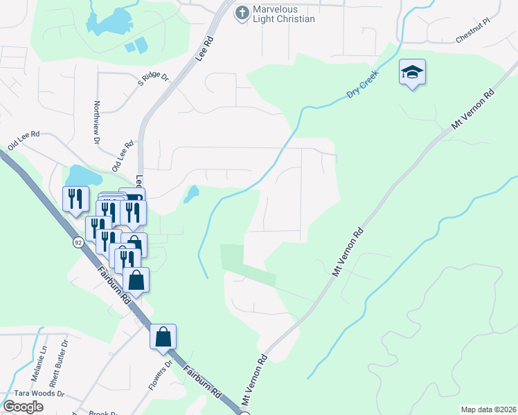 map of restaurants, bars, coffee shops, grocery stores, and more near 8999 Leaf Lane in Lithia Springs