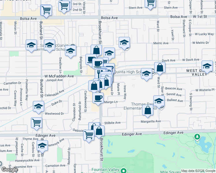 map of restaurants, bars, coffee shops, grocery stores, and more near 15606 Brookhurst Street in Westminster