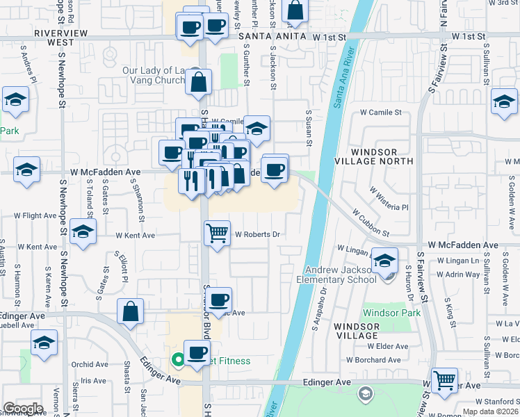 map of restaurants, bars, coffee shops, grocery stores, and more near 901 South Gunther Street in Santa Ana