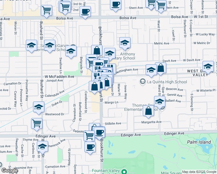 map of restaurants, bars, coffee shops, grocery stores, and more near 15606 Brookhurst Street in Westminster