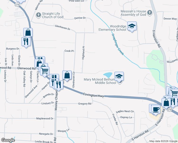 map of restaurants, bars, coffee shops, grocery stores, and more near 4436 Highland Road in Decatur