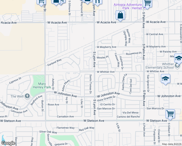 map of restaurants, bars, coffee shops, grocery stores, and more near 1700 Santiago Way in Hemet