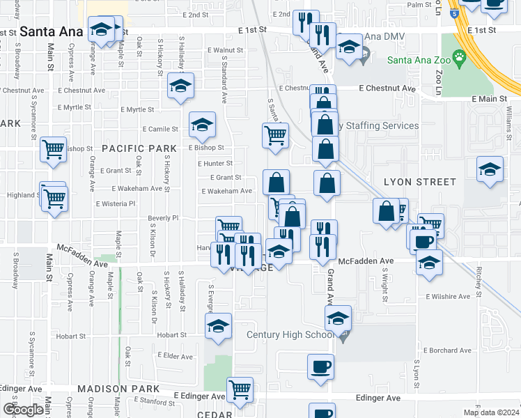 map of restaurants, bars, coffee shops, grocery stores, and more near 927 South Minnie Street in Santa Ana