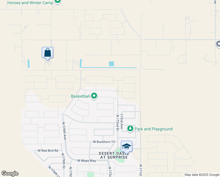 map of restaurants, bars, coffee shops, grocery stores, and more near 17296 West Blue Sky Drive in Surprise