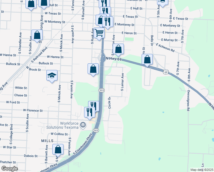map of restaurants, bars, coffee shops, grocery stores, and more near 1900 South Austin Avenue in Denison