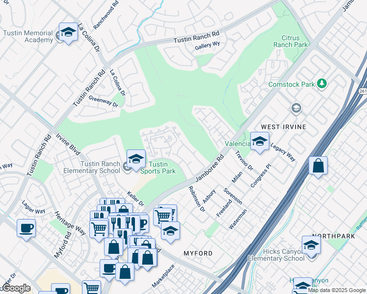 map of restaurants, bars, coffee shops, grocery stores, and more near 12612 Nicklaus Lane in Tustin