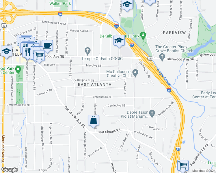 map of restaurants, bars, coffee shops, grocery stores, and more near 1648 Van Vleck Avenue Southeast in Atlanta