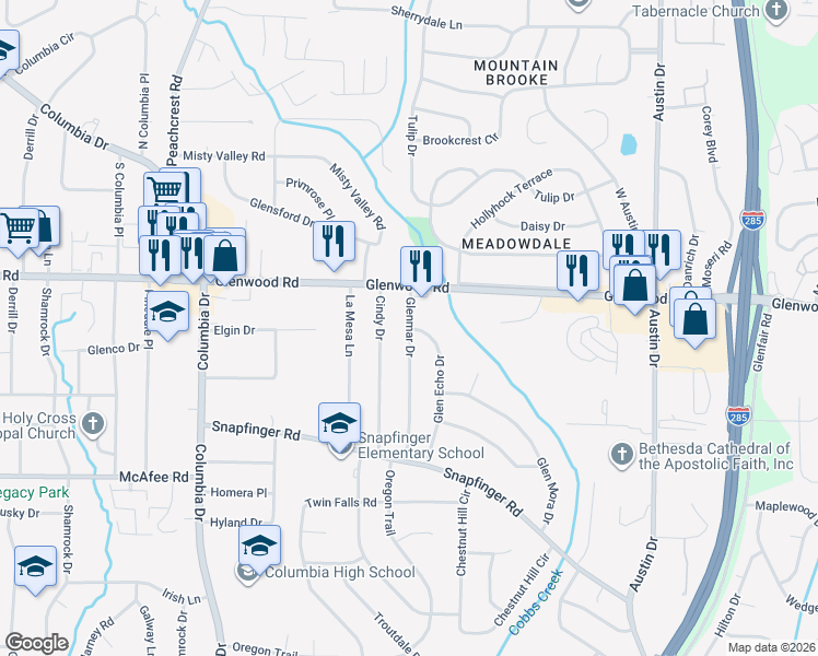 map of restaurants, bars, coffee shops, grocery stores, and more near 1867 Glenmar Drive in Decatur